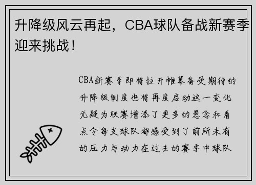 升降级风云再起，CBA球队备战新赛季迎来挑战！