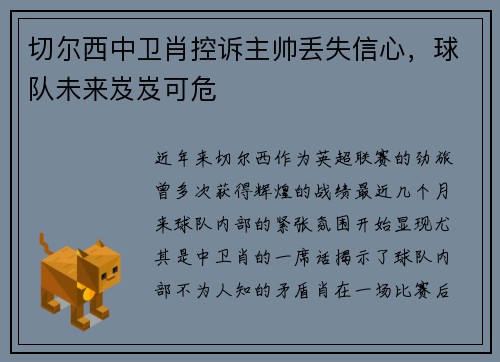 切尔西中卫肖控诉主帅丢失信心，球队未来岌岌可危