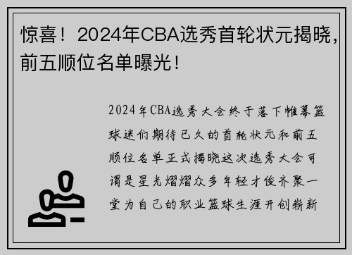 惊喜！2024年CBA选秀首轮状元揭晓，前五顺位名单曝光！