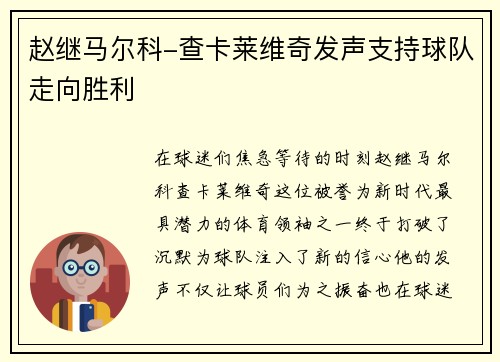 赵继马尔科-查卡莱维奇发声支持球队走向胜利